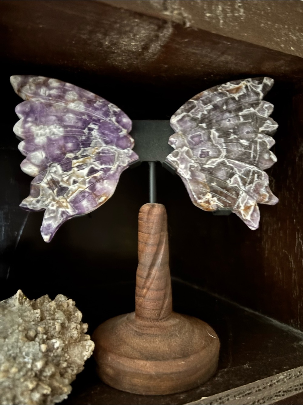 Handcrafted Purple Amethyst Wing Crystals on Wood Stand
